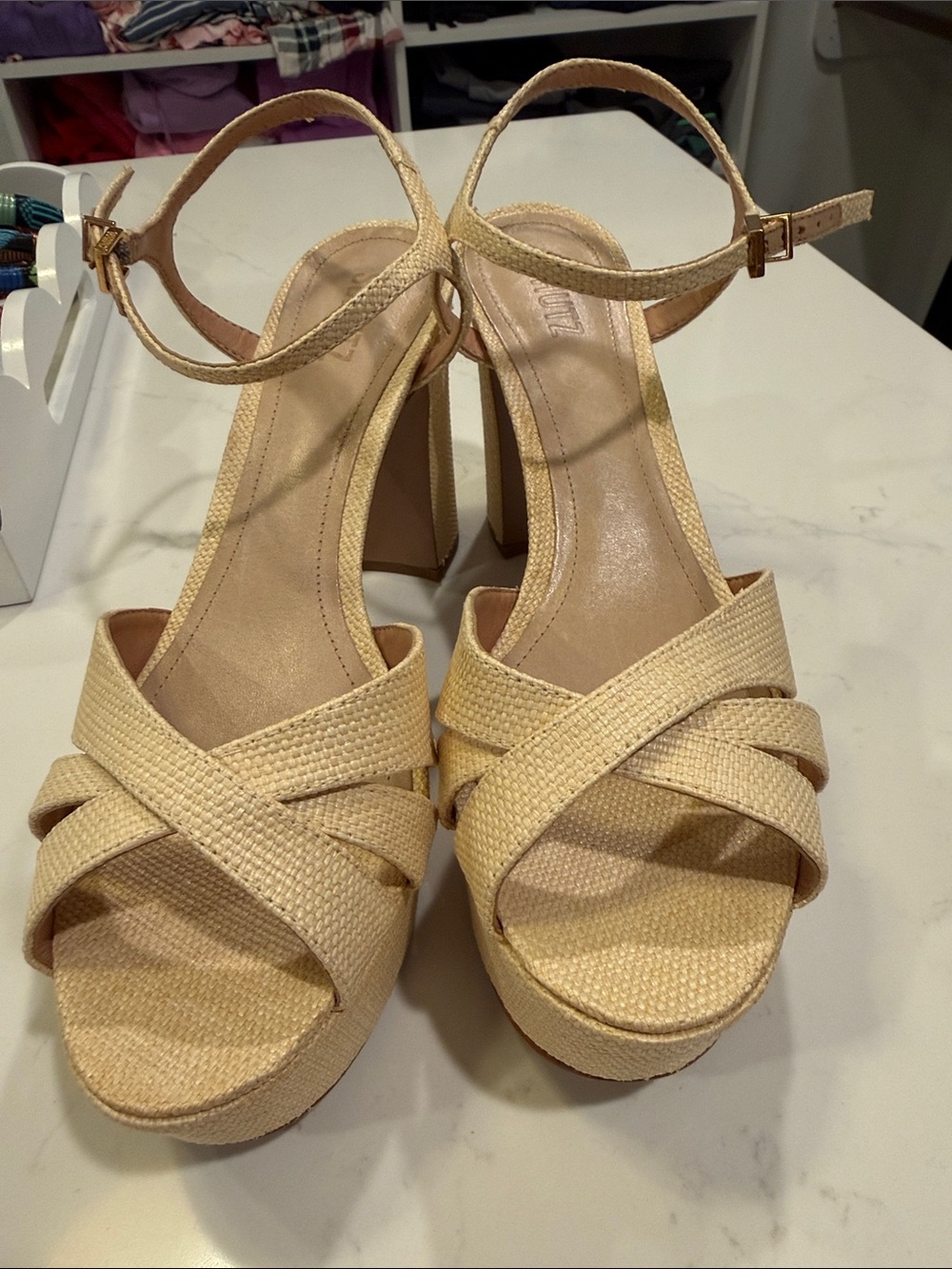 Schutz Platform Block Heel Sandals in Beige - Women's Strappy Ankle Strap Heels